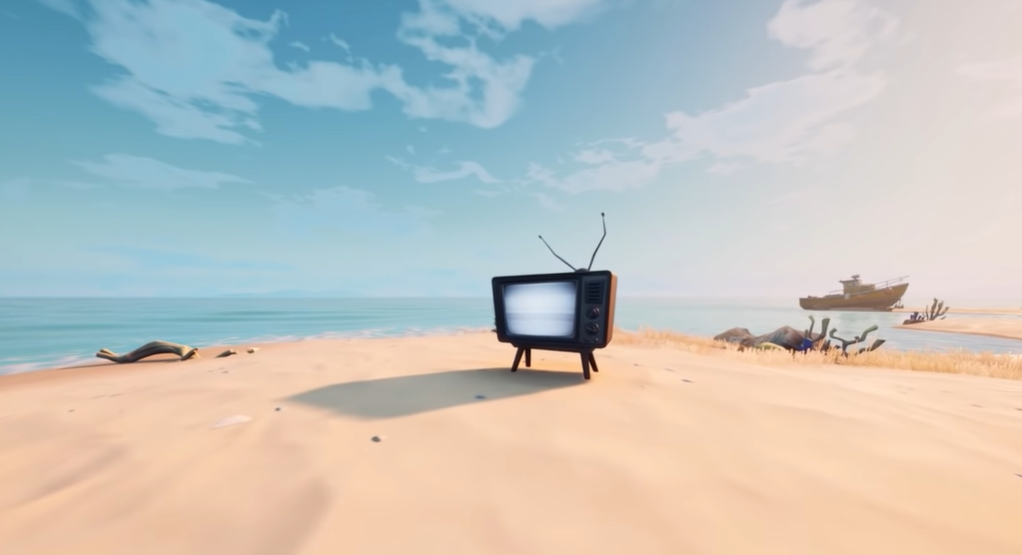 Fortnite- spooky tv set on a small island northeast of Craggy Cliffs