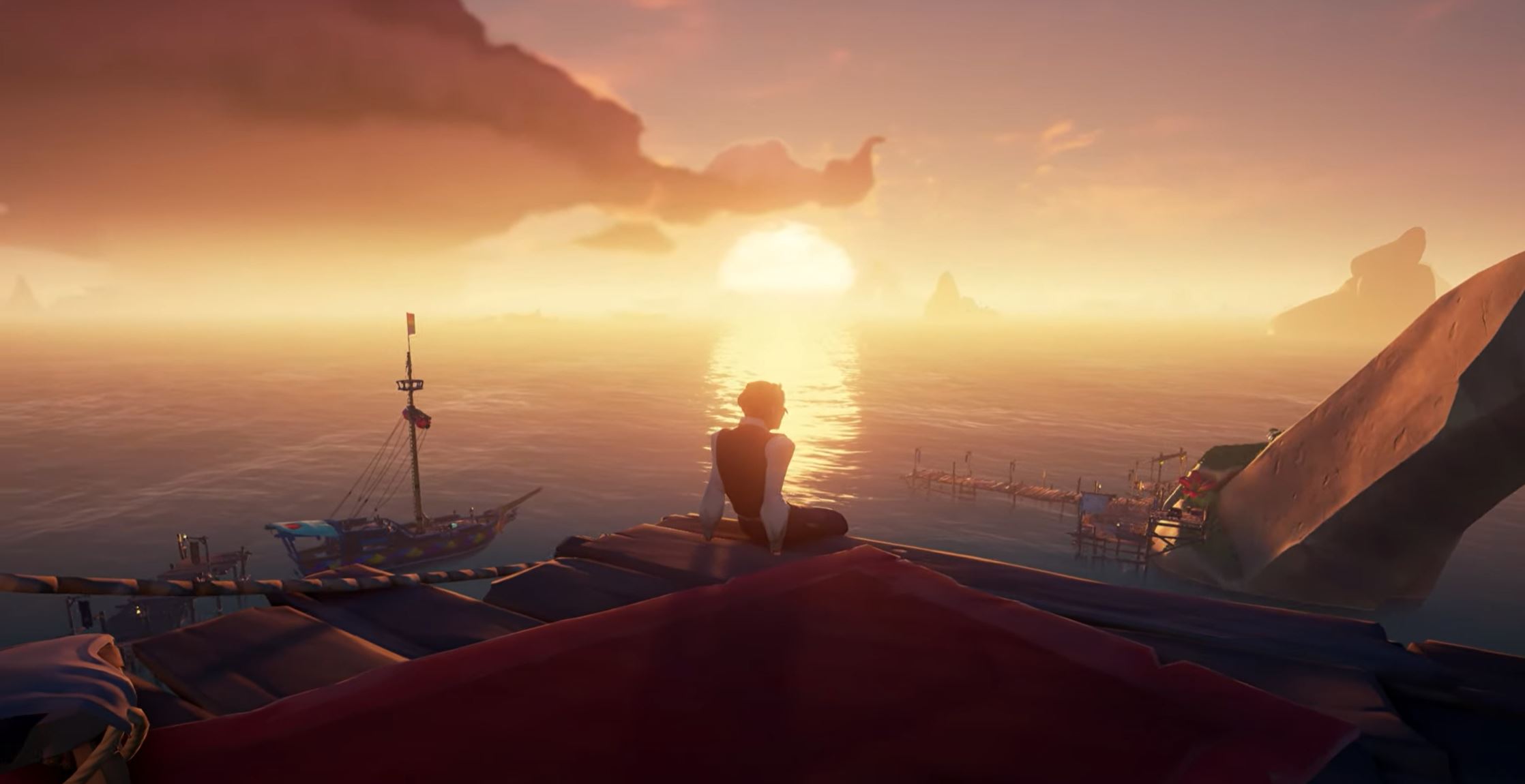 Sunset view from a pier of Sea of Thieves