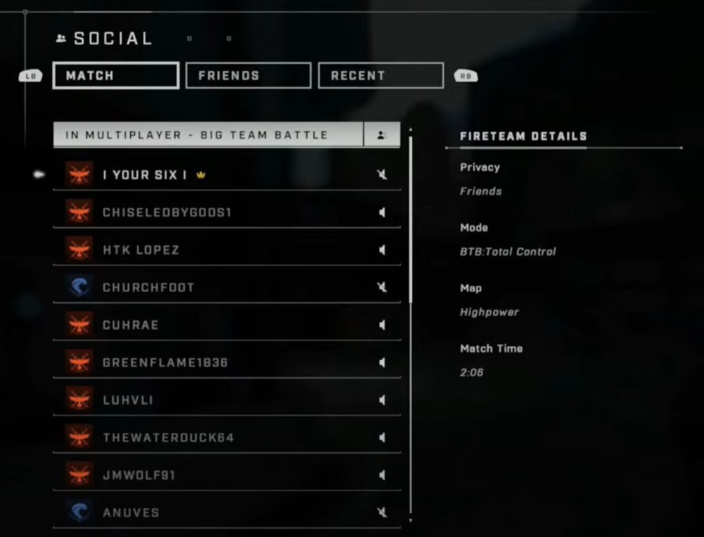Social menu reveals list of team