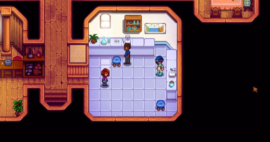 Maru and Dad at the Lab Stardew