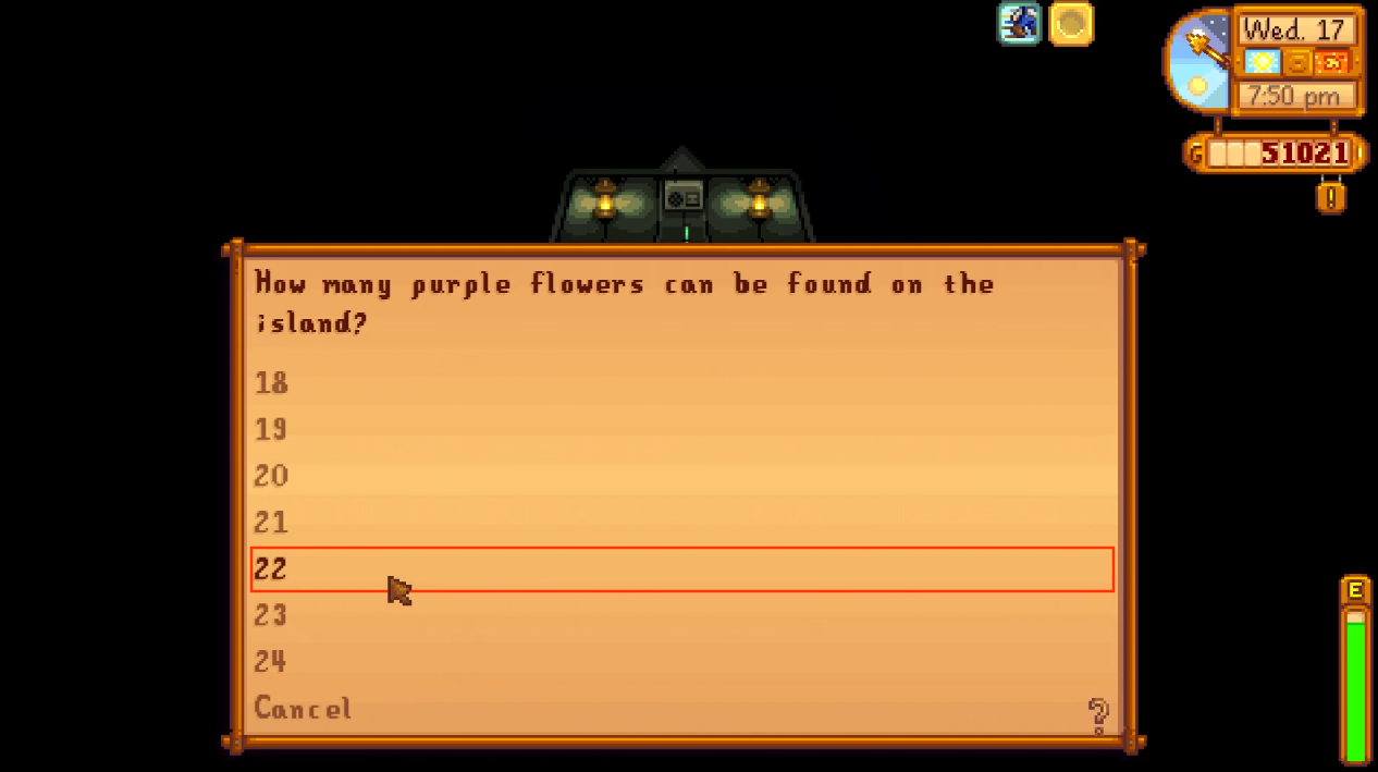 how many purple flowers on ginger island quiz stardew valley