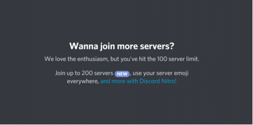 Discord reached 100 server limit notification
