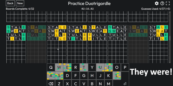 Duotrigordle yellow and green letters