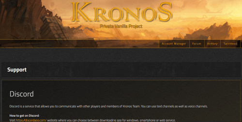 Kronos-wow website support page