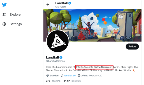Landfall official Twitter account- Totally Accurate Battlegrounds