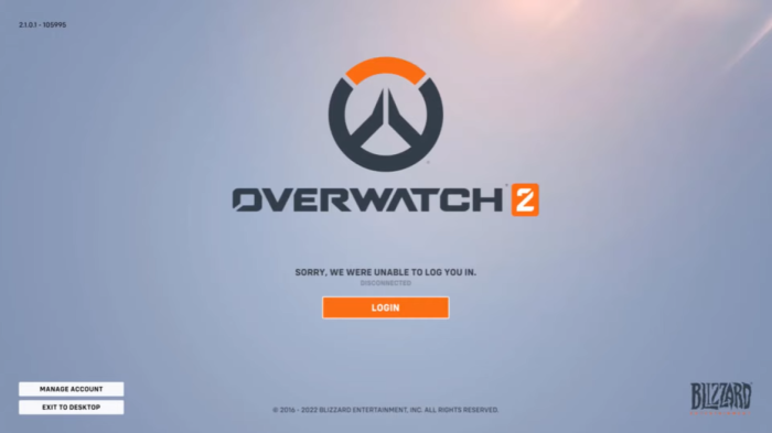 Overwatch 2 unable to log you in