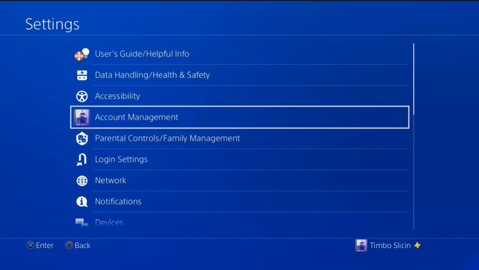 PS4 settings account management