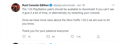 Rust Console Edition - patch updates on Twitter