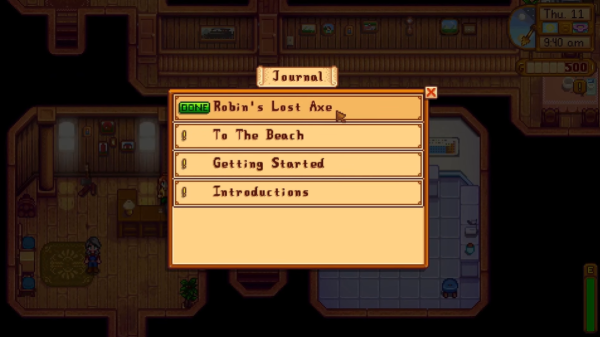 Stardew Valley - Robin's axe quest compeleted journal entry