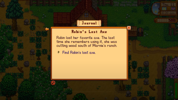 Stardew Valley - Robin's axe quest journal entry