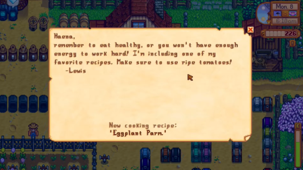 Stardew Valley - eggplant parm recipe from Lewis