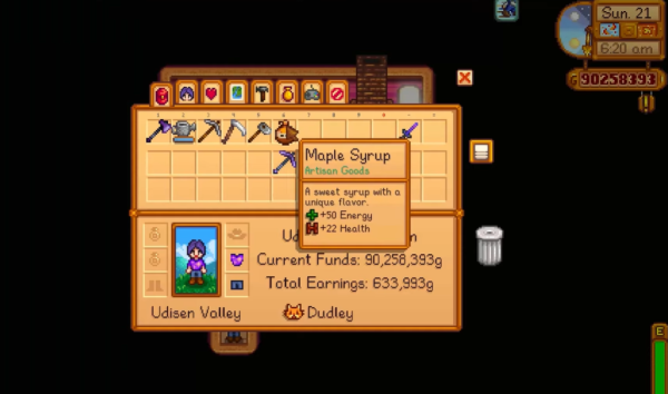 Stardew Valley - maple syrup inventory