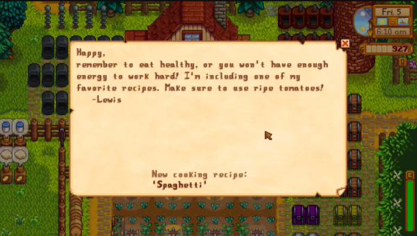 Stardew Valley - spaghetti recipe from Lewis