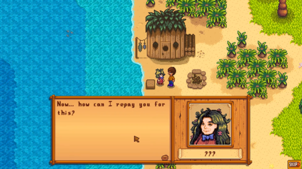 Stardew Valley - the pirate's wife asking what reward she can give