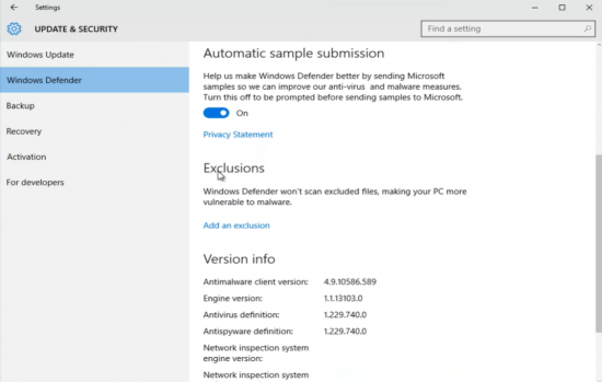 Windows Defender- update and security exclusions
