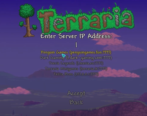 entering IP address on Terraria