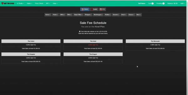 sale fee schedule feature of bitskins